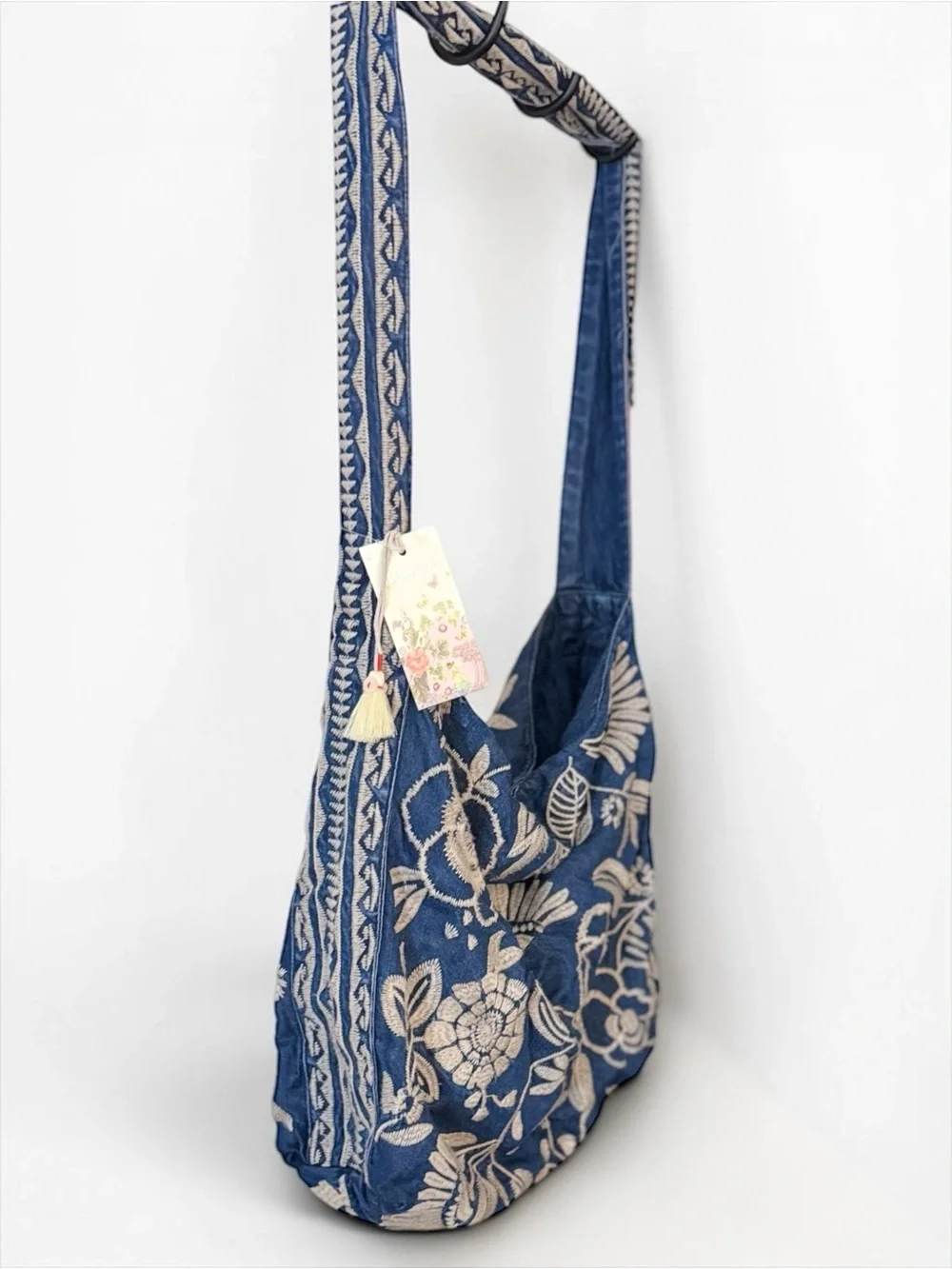 NWT Johnny Was Denim Embroidered Lucinda Wide Strap Slouchy Hobo Tote Bag $268